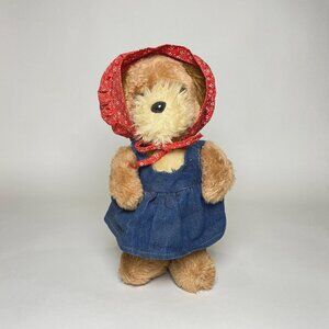 1981 Dakin Plush Puppy Dog Stuffed Animal w Red Bonnet Denim Dress Vintage